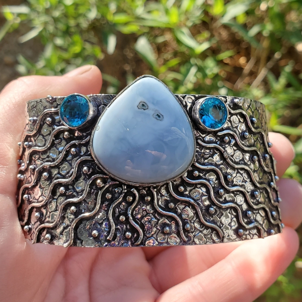 New Owyhee Opal & Blue Topaz 925 Silver Cuff Bracelet.